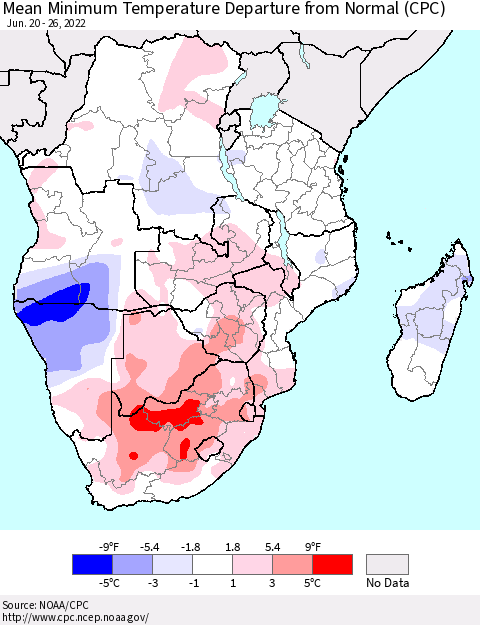 Southern Africa Mean Minimum Temperature Departure from Normal (CPC) Thematic Map For 6/20/2022 - 6/26/2022