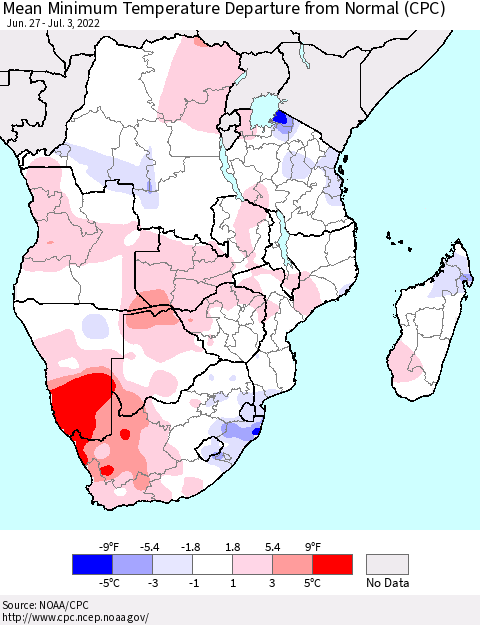 Southern Africa Mean Minimum Temperature Departure from Normal (CPC) Thematic Map For 6/27/2022 - 7/3/2022