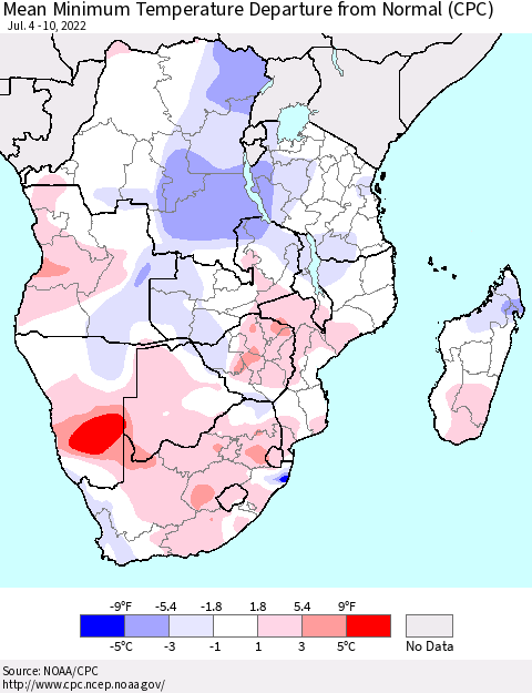 Southern Africa Mean Minimum Temperature Departure from Normal (CPC) Thematic Map For 7/4/2022 - 7/10/2022