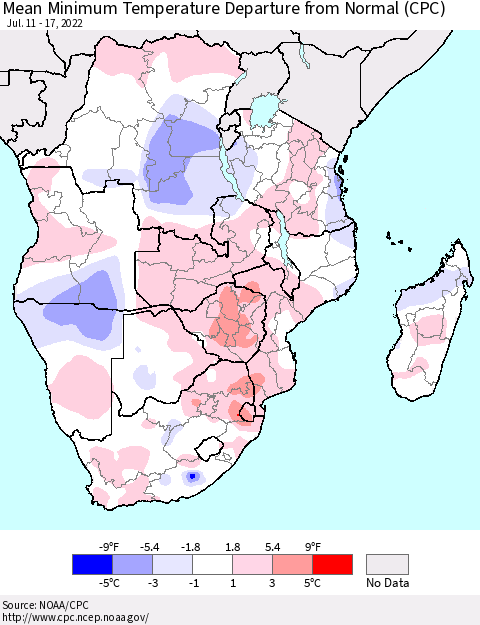 Southern Africa Mean Minimum Temperature Departure from Normal (CPC) Thematic Map For 7/11/2022 - 7/17/2022