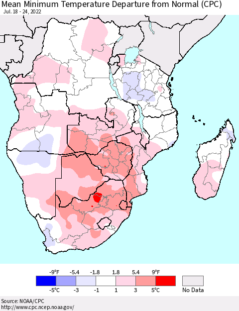 Southern Africa Mean Minimum Temperature Departure from Normal (CPC) Thematic Map For 7/18/2022 - 7/24/2022