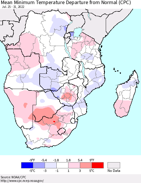 Southern Africa Mean Minimum Temperature Departure from Normal (CPC) Thematic Map For 7/25/2022 - 7/31/2022