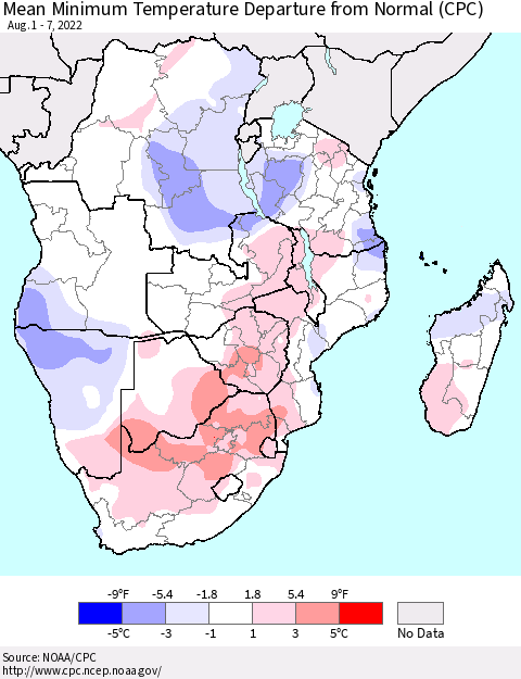 Southern Africa Mean Minimum Temperature Departure from Normal (CPC) Thematic Map For 8/1/2022 - 8/7/2022