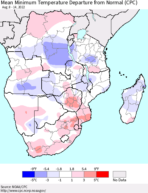 Southern Africa Mean Minimum Temperature Departure from Normal (CPC) Thematic Map For 8/8/2022 - 8/14/2022