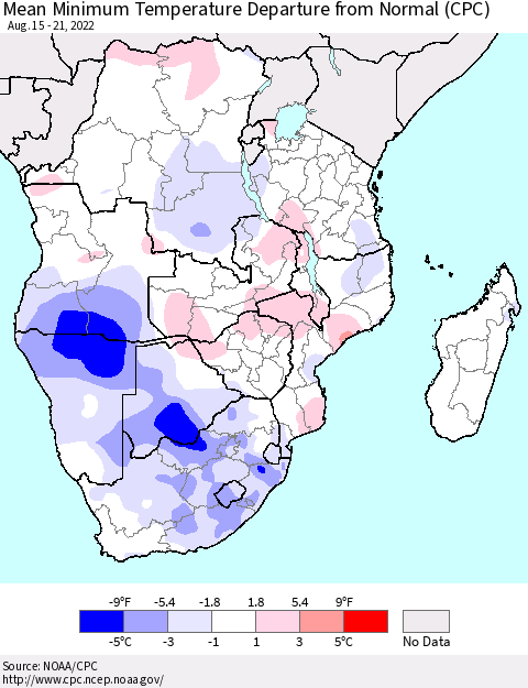 Southern Africa Mean Minimum Temperature Departure from Normal (CPC) Thematic Map For 8/15/2022 - 8/21/2022