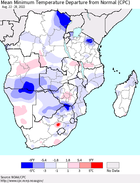 Southern Africa Mean Minimum Temperature Departure from Normal (CPC) Thematic Map For 8/22/2022 - 8/28/2022