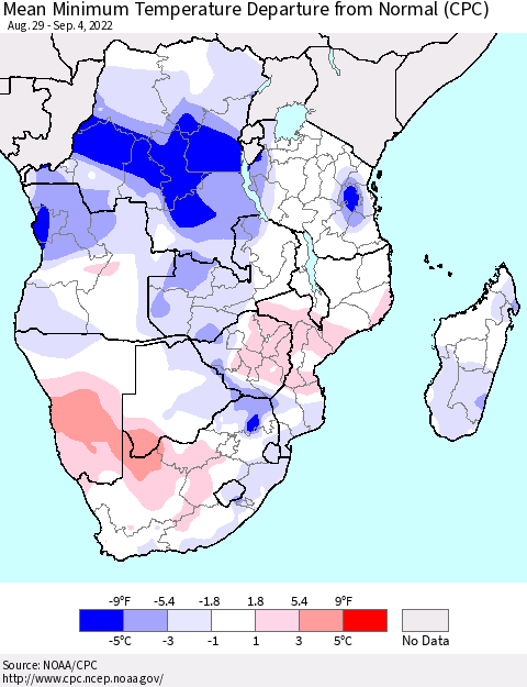 Southern Africa Mean Minimum Temperature Departure from Normal (CPC) Thematic Map For 8/29/2022 - 9/4/2022