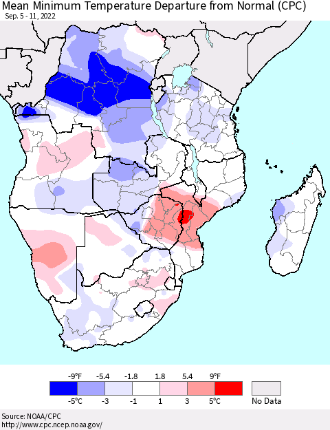 Southern Africa Mean Minimum Temperature Departure from Normal (CPC) Thematic Map For 9/5/2022 - 9/11/2022