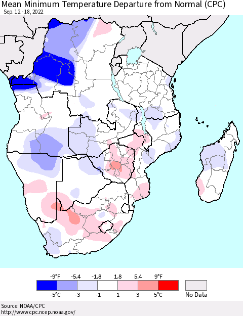 Southern Africa Mean Minimum Temperature Departure from Normal (CPC) Thematic Map For 9/12/2022 - 9/18/2022