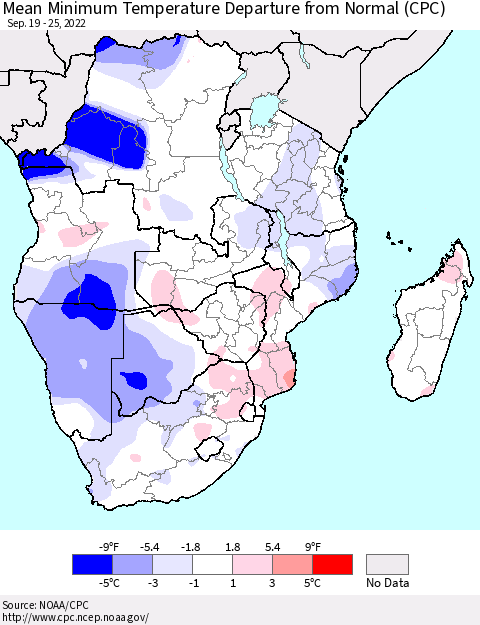 Southern Africa Mean Minimum Temperature Departure from Normal (CPC) Thematic Map For 9/19/2022 - 9/25/2022