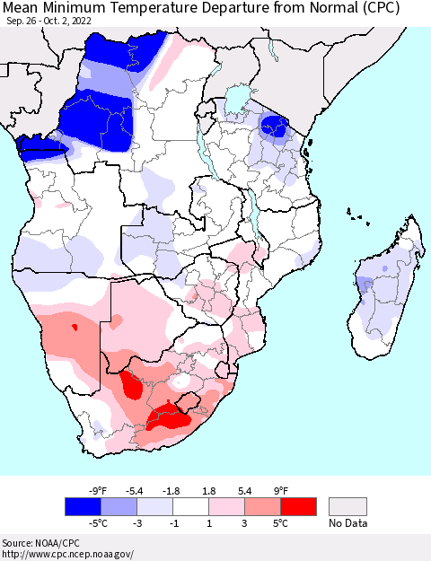 Southern Africa Mean Minimum Temperature Departure from Normal (CPC) Thematic Map For 9/26/2022 - 10/2/2022