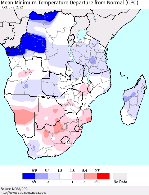 Southern Africa Mean Minimum Temperature Departure from Normal (CPC) Thematic Map For 10/3/2022 - 10/9/2022
