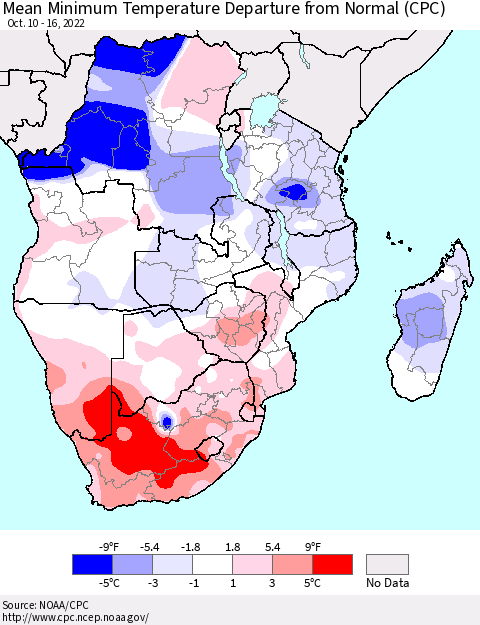 Southern Africa Mean Minimum Temperature Departure from Normal (CPC) Thematic Map For 10/10/2022 - 10/16/2022
