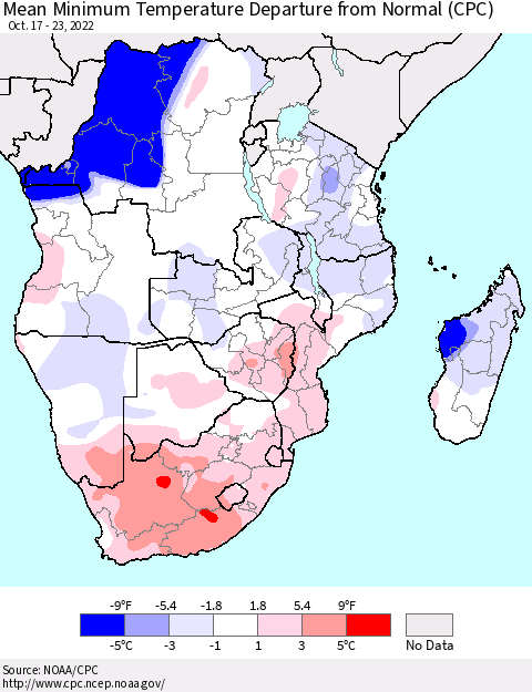 Southern Africa Mean Minimum Temperature Departure from Normal (CPC) Thematic Map For 10/17/2022 - 10/23/2022