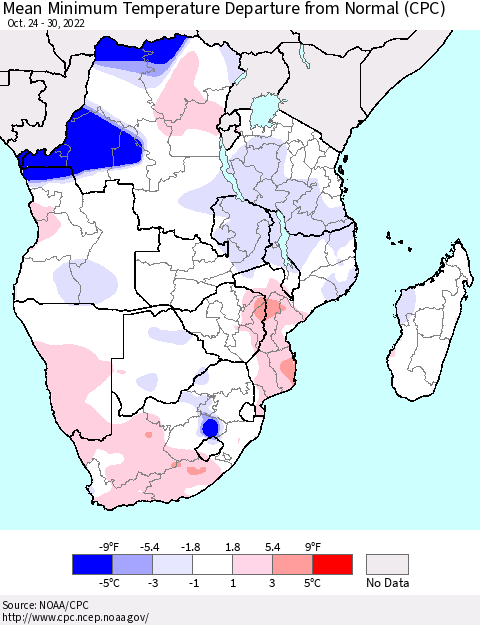 Southern Africa Mean Minimum Temperature Departure from Normal (CPC) Thematic Map For 10/24/2022 - 10/30/2022