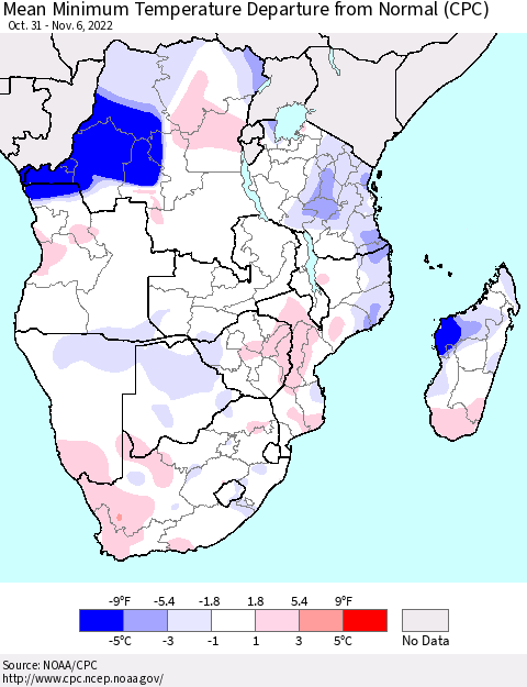 Southern Africa Mean Minimum Temperature Departure from Normal (CPC) Thematic Map For 10/31/2022 - 11/6/2022