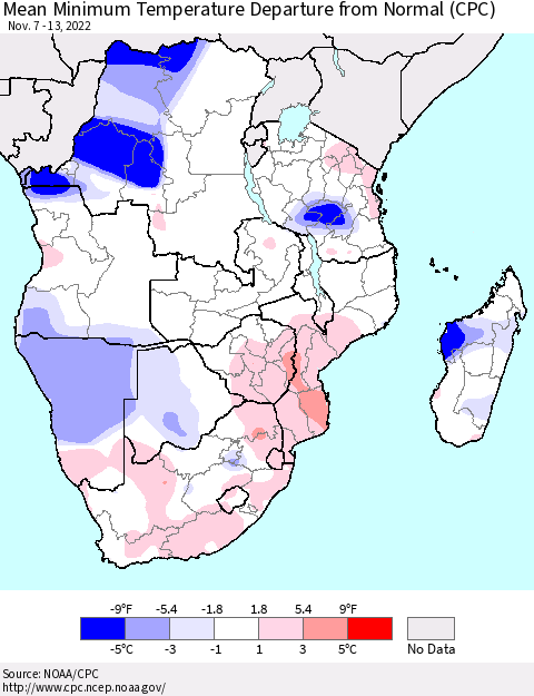 Southern Africa Mean Minimum Temperature Departure from Normal (CPC) Thematic Map For 11/7/2022 - 11/13/2022