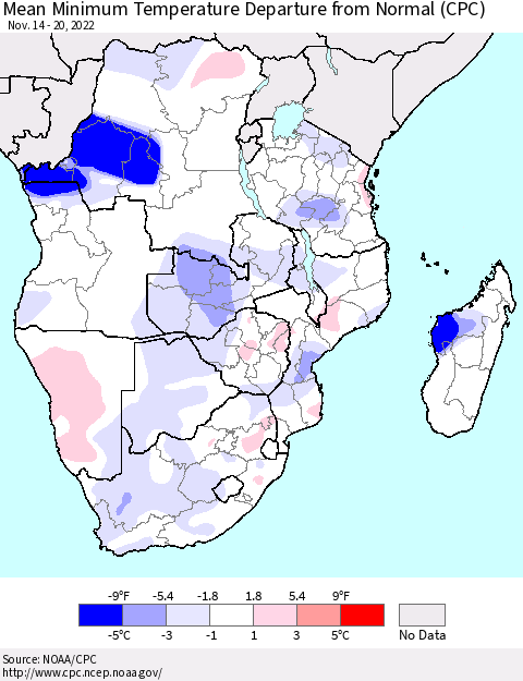 Southern Africa Mean Minimum Temperature Departure from Normal (CPC) Thematic Map For 11/14/2022 - 11/20/2022