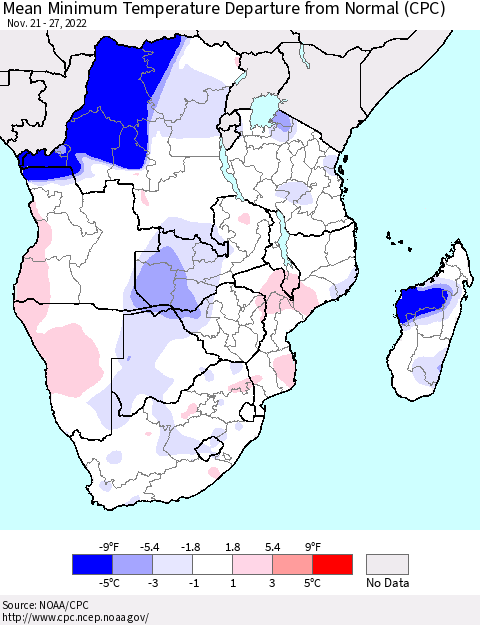 Southern Africa Mean Minimum Temperature Departure from Normal (CPC) Thematic Map For 11/21/2022 - 11/27/2022