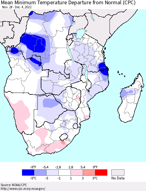 Southern Africa Mean Minimum Temperature Departure from Normal (CPC) Thematic Map For 11/28/2022 - 12/4/2022