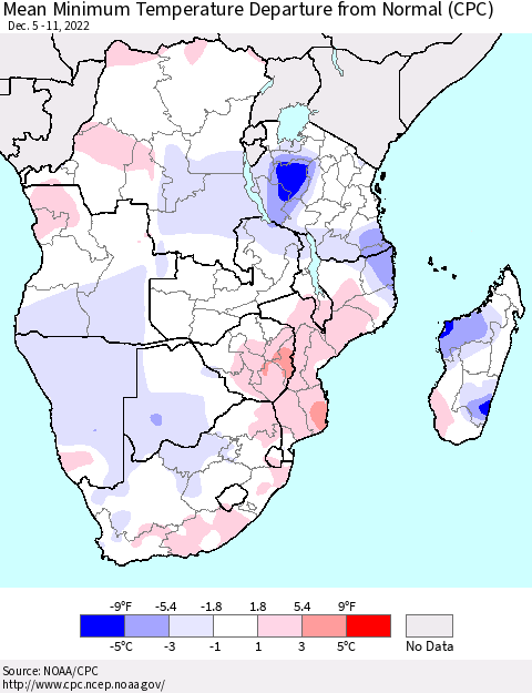 Southern Africa Mean Minimum Temperature Departure from Normal (CPC) Thematic Map For 12/5/2022 - 12/11/2022