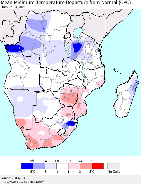 Southern Africa Mean Minimum Temperature Departure from Normal (CPC) Thematic Map For 12/12/2022 - 12/18/2022