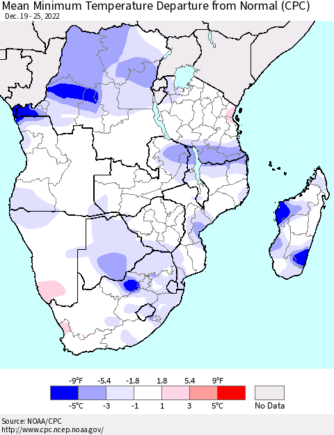 Southern Africa Mean Minimum Temperature Departure from Normal (CPC) Thematic Map For 12/19/2022 - 12/25/2022