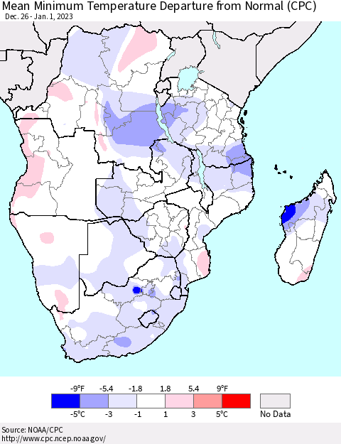 Southern Africa Mean Minimum Temperature Departure from Normal (CPC) Thematic Map For 12/26/2022 - 1/1/2023