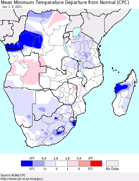 Southern Africa Mean Minimum Temperature Departure from Normal (CPC) Thematic Map For 1/2/2023 - 1/8/2023