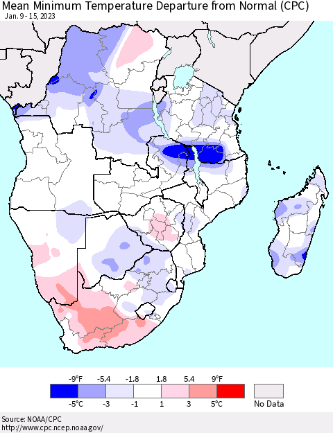Southern Africa Mean Minimum Temperature Departure from Normal (CPC) Thematic Map For 1/9/2023 - 1/15/2023