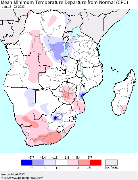Southern Africa Mean Minimum Temperature Departure from Normal (CPC) Thematic Map For 1/16/2023 - 1/22/2023