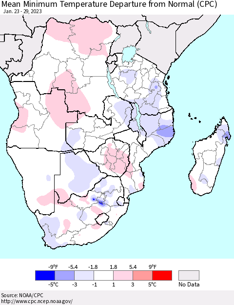 Southern Africa Mean Minimum Temperature Departure from Normal (CPC) Thematic Map For 1/23/2023 - 1/29/2023