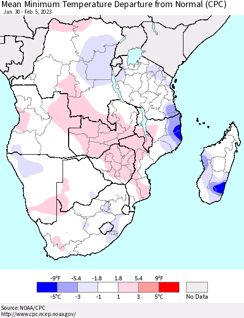 Southern Africa Mean Minimum Temperature Departure from Normal (CPC) Thematic Map For 1/30/2023 - 2/5/2023