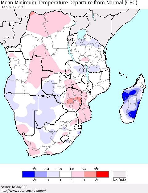 Southern Africa Mean Minimum Temperature Departure from Normal (CPC) Thematic Map For 2/6/2023 - 2/12/2023