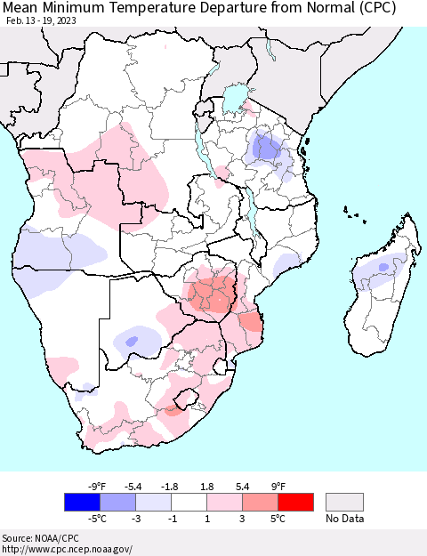 Southern Africa Mean Minimum Temperature Departure from Normal (CPC) Thematic Map For 2/13/2023 - 2/19/2023