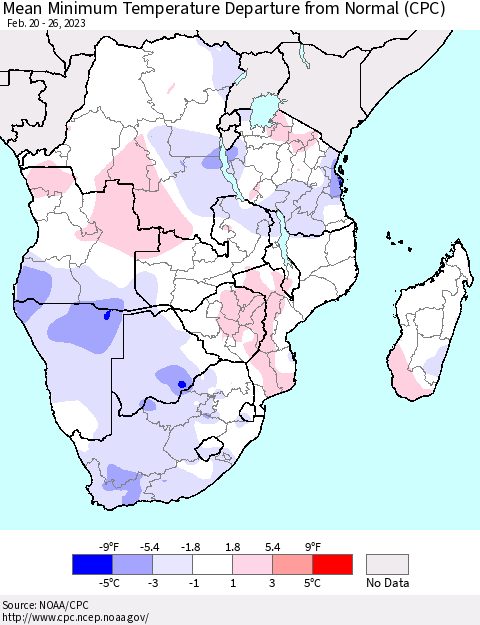 Southern Africa Mean Minimum Temperature Departure from Normal (CPC) Thematic Map For 2/20/2023 - 2/26/2023