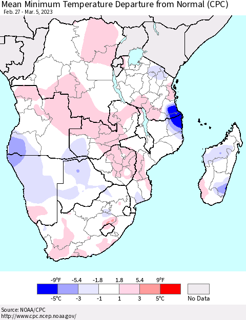Southern Africa Mean Minimum Temperature Departure from Normal (CPC) Thematic Map For 2/27/2023 - 3/5/2023