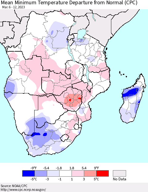 Southern Africa Mean Minimum Temperature Departure from Normal (CPC) Thematic Map For 3/6/2023 - 3/12/2023