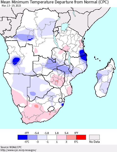 Southern Africa Mean Minimum Temperature Departure from Normal (CPC) Thematic Map For 3/13/2023 - 3/19/2023