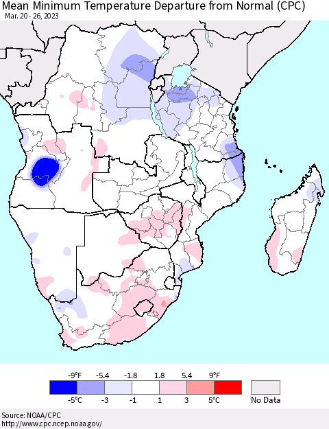 Southern Africa Mean Minimum Temperature Departure from Normal (CPC) Thematic Map For 3/20/2023 - 3/26/2023