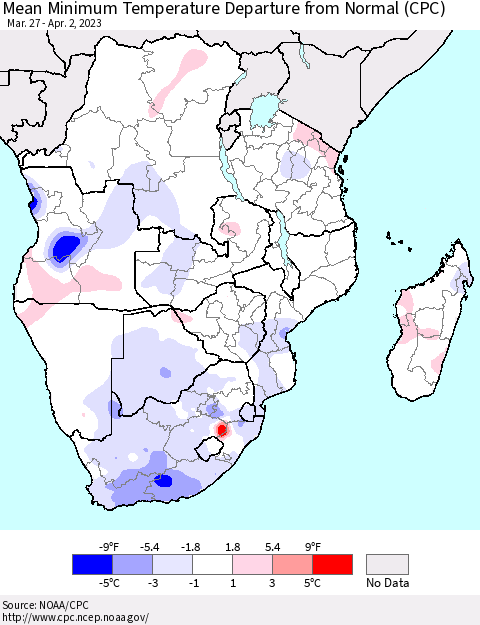 Southern Africa Mean Minimum Temperature Departure from Normal (CPC) Thematic Map For 3/27/2023 - 4/2/2023