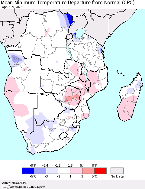Southern Africa Mean Minimum Temperature Departure from Normal (CPC) Thematic Map For 4/3/2023 - 4/9/2023
