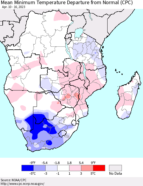 Southern Africa Mean Minimum Temperature Departure from Normal (CPC) Thematic Map For 4/10/2023 - 4/16/2023