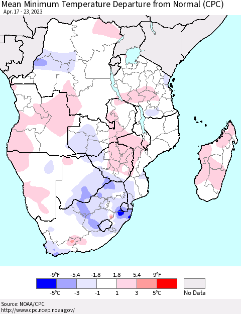 Southern Africa Mean Minimum Temperature Departure from Normal (CPC) Thematic Map For 4/17/2023 - 4/23/2023