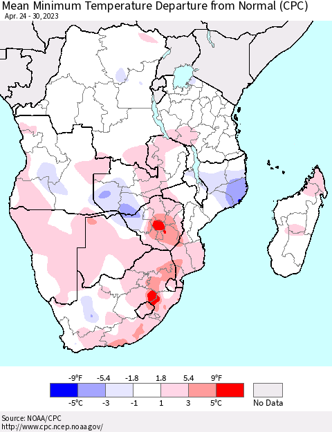 Southern Africa Mean Minimum Temperature Departure from Normal (CPC) Thematic Map For 4/24/2023 - 4/30/2023