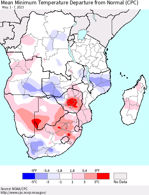 Southern Africa Mean Minimum Temperature Departure from Normal (CPC) Thematic Map For 5/1/2023 - 5/7/2023