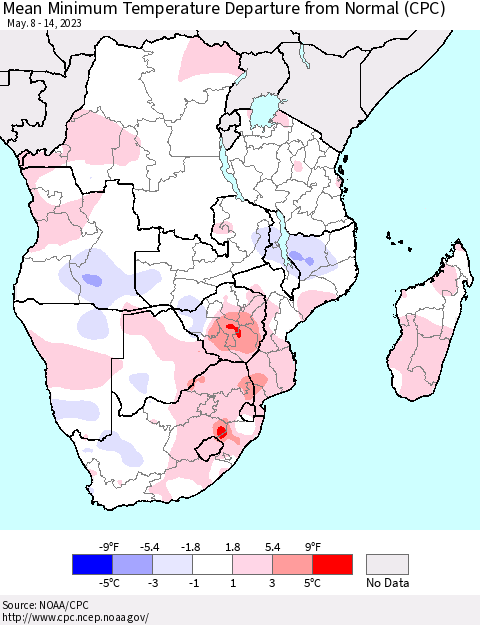 Southern Africa Mean Minimum Temperature Departure from Normal (CPC) Thematic Map For 5/8/2023 - 5/14/2023
