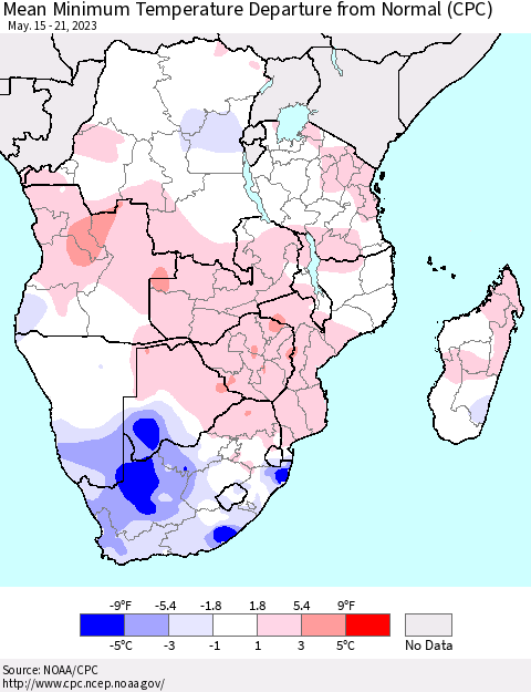 Southern Africa Mean Minimum Temperature Departure from Normal (CPC) Thematic Map For 5/15/2023 - 5/21/2023