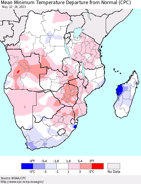 Southern Africa Mean Minimum Temperature Departure from Normal (CPC) Thematic Map For 5/22/2023 - 5/28/2023