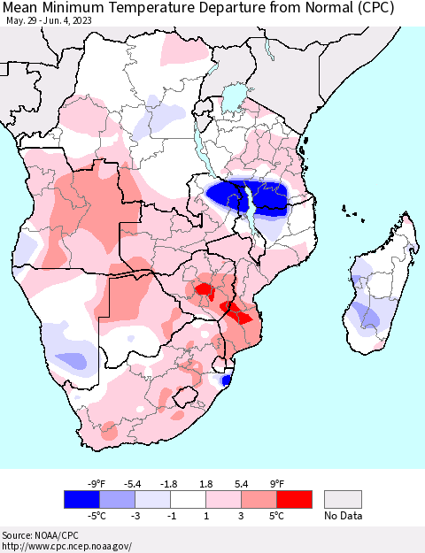 Southern Africa Mean Minimum Temperature Departure from Normal (CPC) Thematic Map For 5/29/2023 - 6/4/2023